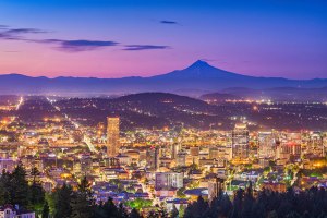 Portland, Oregon, at sunset. (Mt. Hood in the background)